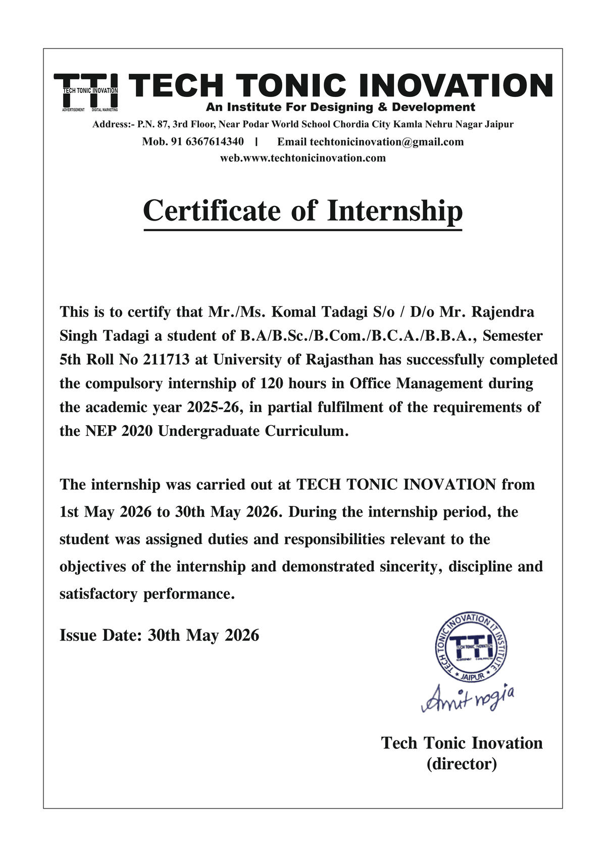 Internship Certificate